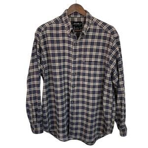Eddie Bauer Navy and Tan Flannel Button Down Shirt - Large